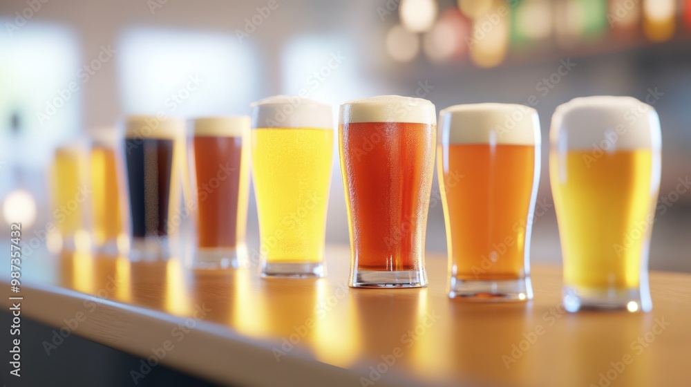 Variety of Beer in Glasses on a Bar Counter Variety of Beer in Glasses on a Bar Counter