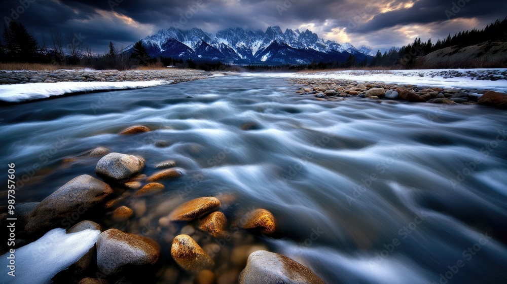 The setting sun illuminates the Athabasca River, reflecting off rocks and ice, with towering mountains and a bridge framing a serene forest backdrop The setting sun illuminates the Athabasca River, reflecting off rocks and ice, with towering mountains and a bridge framing a serene forest backdrop