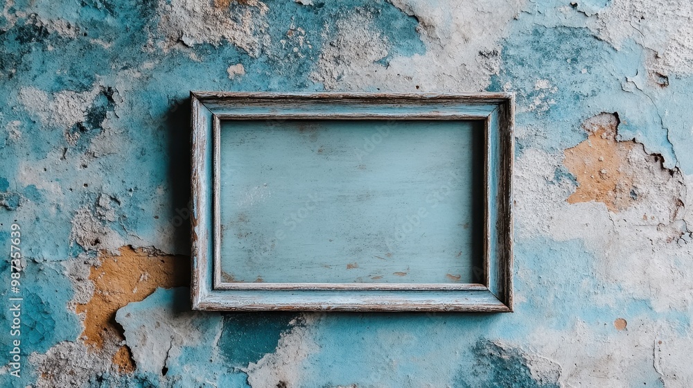 A weathered blue picture frame set against a distressed, textured wall background, creating a rustic and artistic look with an air of vintage charm and nostalgia.