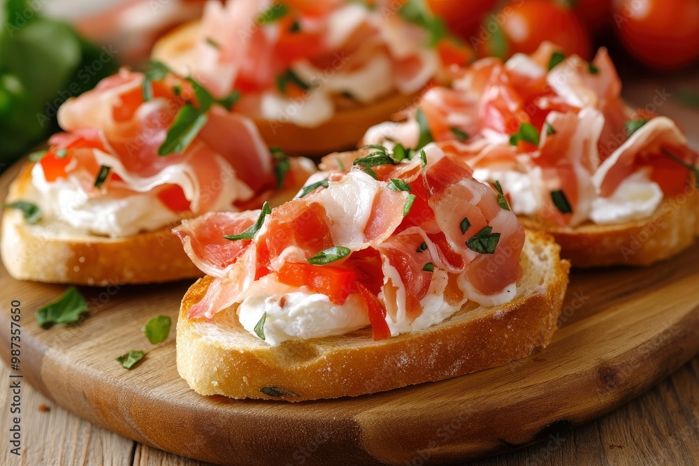 Bruschetta with prosciutto bacon and cream cheese on wooden plate , ai Bruschetta with prosciutto bacon and cream cheese on wooden plate , ai