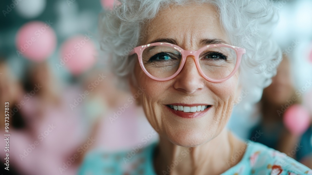 A content elderly woman with white hair wears pink glasses, smiling warmly in a lively atmosphere, suggesting joyousness, wisdom, and a sense of community and love. A content elderly woman with white hair wears pink glasses, smiling warmly in a lively atmosphere, suggesting joyousness, wisdom, and a sense of community and love.