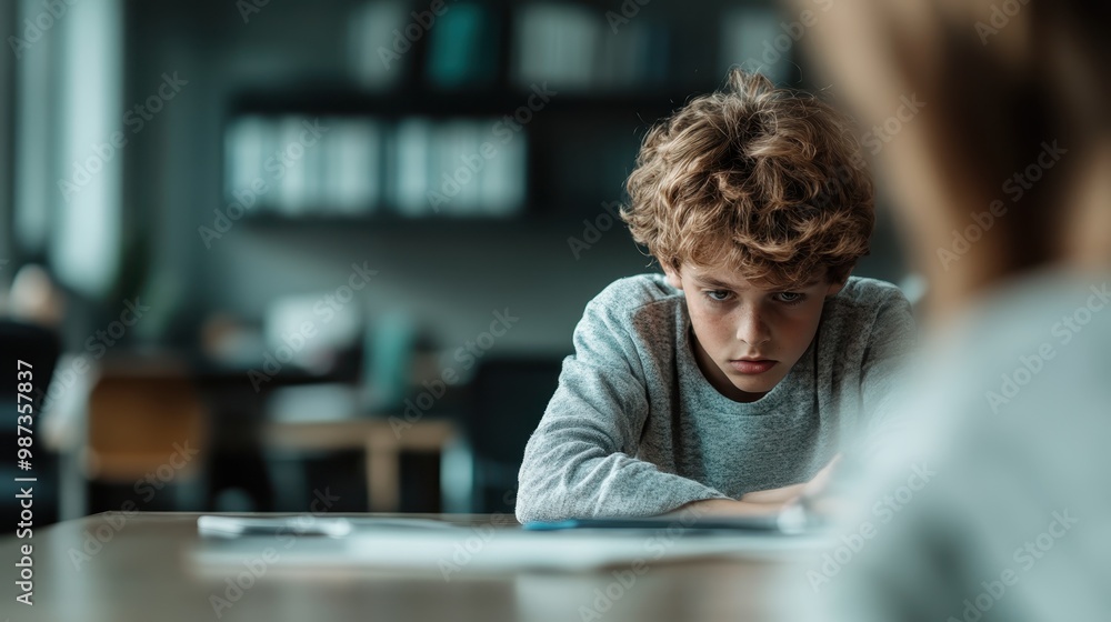 A pensive young boy with curly hair sits at a table in a casual setting, displaying seriousness and focus, as he contemplates a book in a serene environment. A pensive young boy with curly hair sits at a table in a casual setting, displaying seriousness and focus, as he contemplates a book in a serene environment.