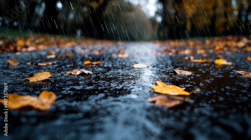 A close-up view of vibrant orange leaves resting on a rain-soaked pavement, highlighting the serene and wet ambiance of a quiet autumn day in a forest setting.