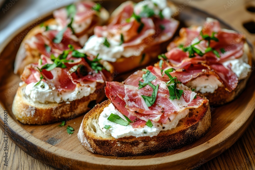 Bruschetta with prosciutto bacon and cream cheese on wooden plate , ai Bruschetta with prosciutto bacon and cream cheese on wooden plate , ai