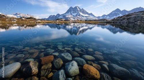 A breathtaking view of snow-capped mountains reflected in a clear blue lake with visible stones on the lakebed in a pristine natural setting.