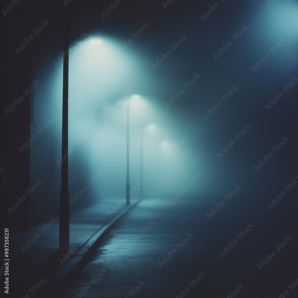 Mysterious foggy street at night, blue tones, urban exploration Mysterious foggy street at night, blue tones, urban exploration