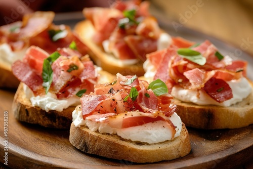 Bruschetta with prosciutto bacon and cream cheese on wooden plate , ai