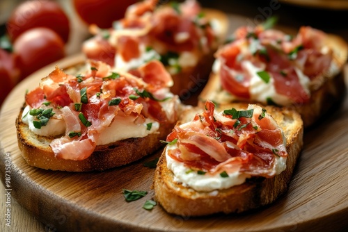 Bruschetta with prosciutto bacon and cream cheese on wooden plate , ai