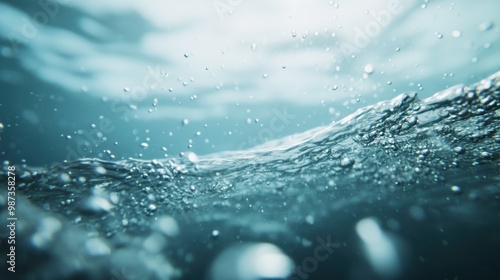 This image showcases a detailed underwater scene where ripples carry across the water's surface, accompanied by bubbles in mesmerizing motion for a dynamic visual experience. photo