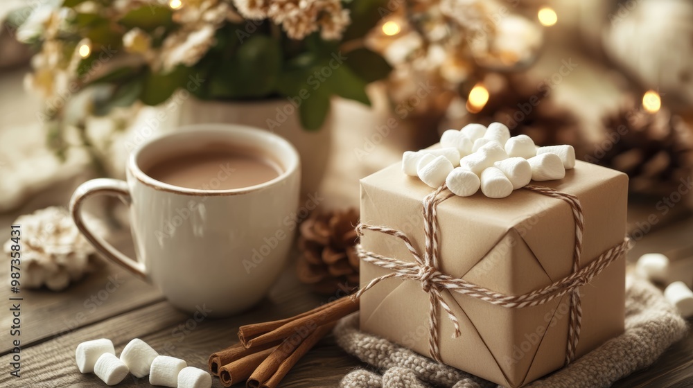 Gift Box with Hot Cocoa in a Cozy Kitchen Scene Gift Box with Hot Cocoa in a Cozy Kitchen Scene