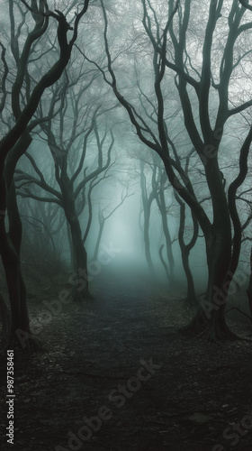 Mysterious foggy forest at night, eerie blue moonlight, haunted woods concept