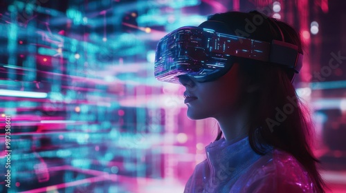 futuristic cyberspace realm with neon grid lines and floating data streams young woman wearing sleek vr glasses immersed in digital landscape