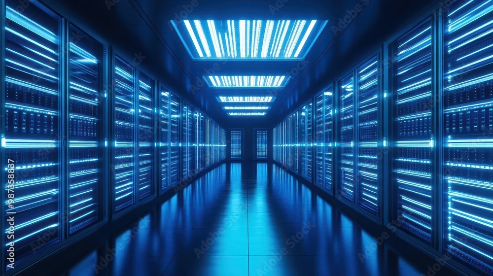 futuristic data center interior rows of sleek server racks glowing blue led lights reflective surfaces hightech network infrastructure futuristic data center interior rows of sleek server racks glowing blue led lights reflective surfaces hightech network infrastructure