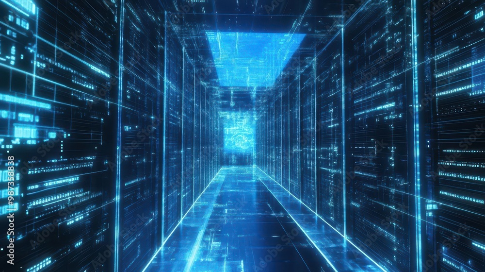 futuristic data center interior with endless rows of server racks cool blue lighting holographic interfaces floating in air hightech cyber security concept cloud computing visualization futuristic data center interior with endless rows of server racks cool blue lighting holographic interfaces floating in air hightech cyber security concept cloud computing visualization