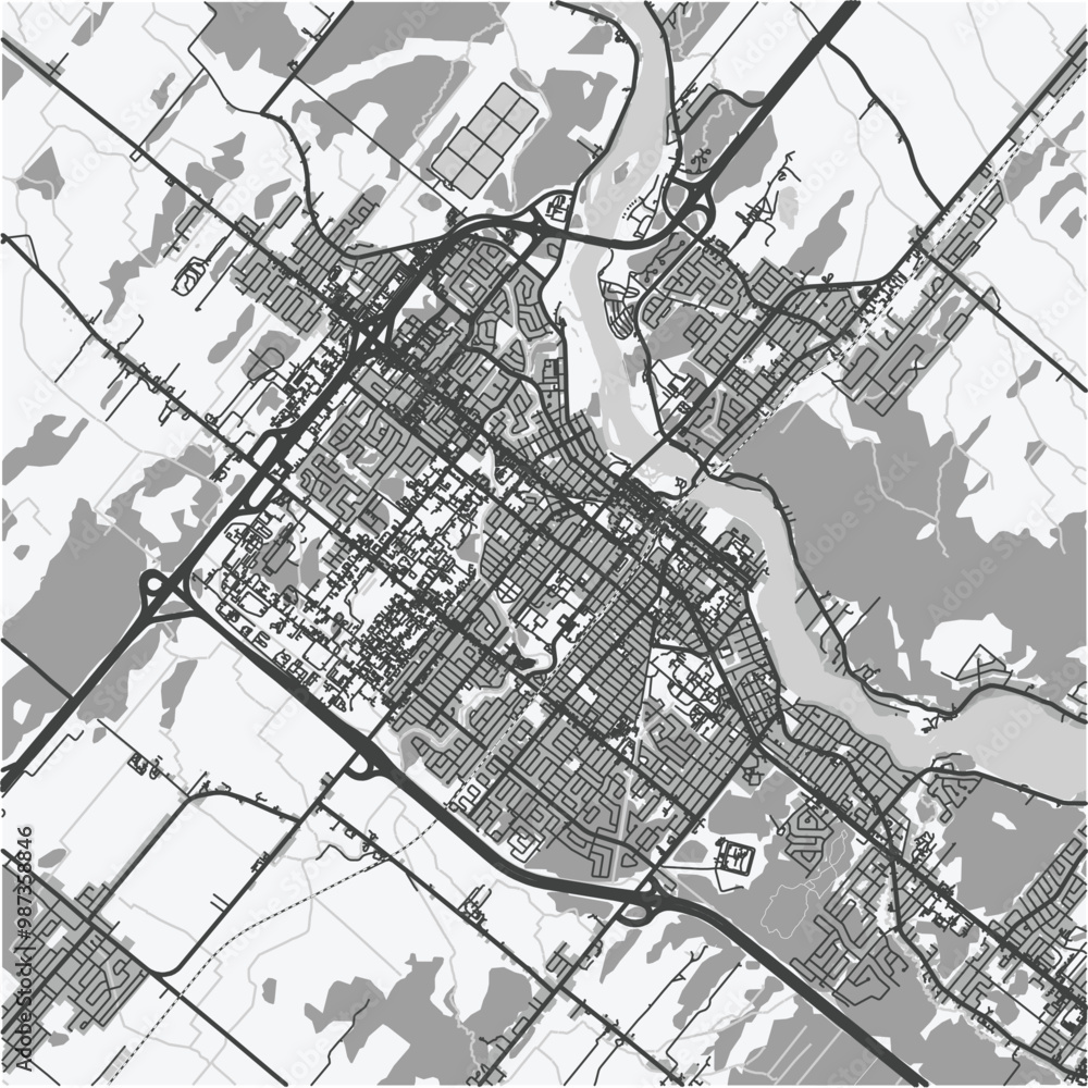Obraz premium Map of Drummondville in Canada in grayscale. Contains layered vector with roads water, parks, etc.