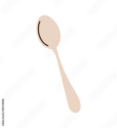 Kitchen tool, cooking spoon, table knife, tablespoon, culinary utensil, kitchenware, metal spoon and steel fork, flatware top view, eating tools isolated on white background flat vector illustration.