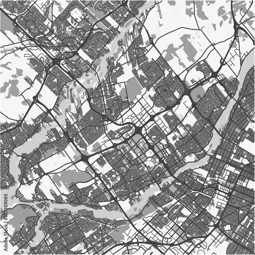 Fototapeta premium Map of Laval in Canada in grayscale. Contains layered vector with roads water, parks, etc.