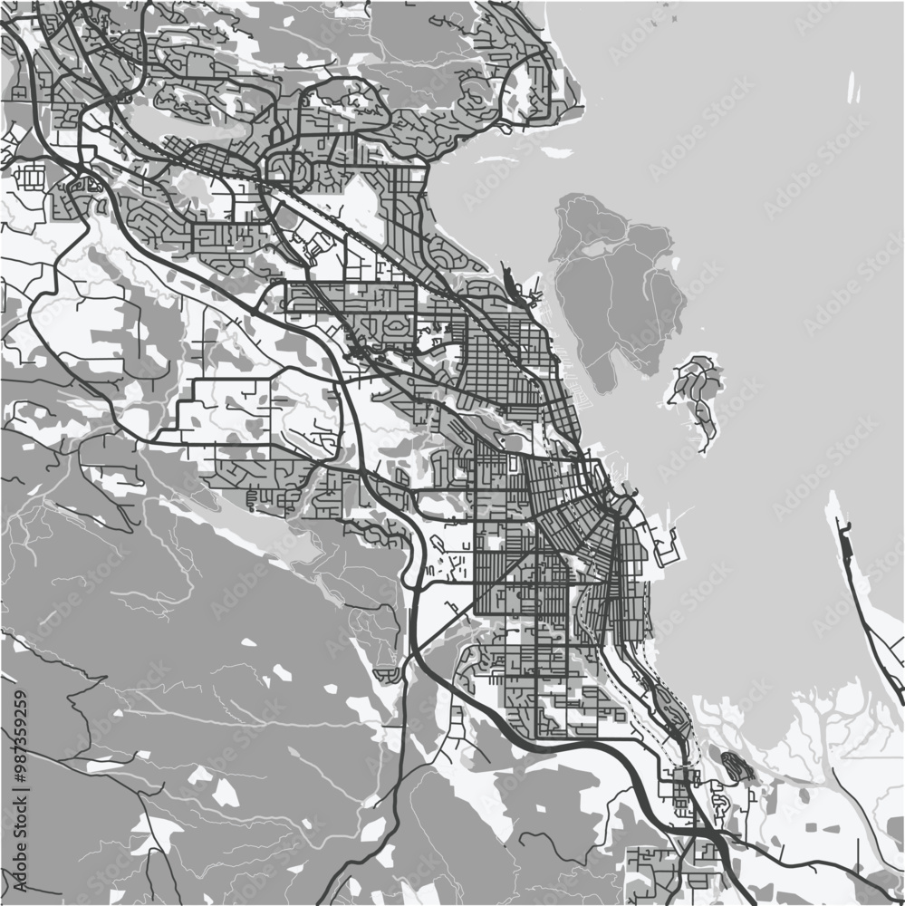 Obraz premium Map of Nanaimo in Canada in grayscale. Contains layered vector with roads water, parks, etc.