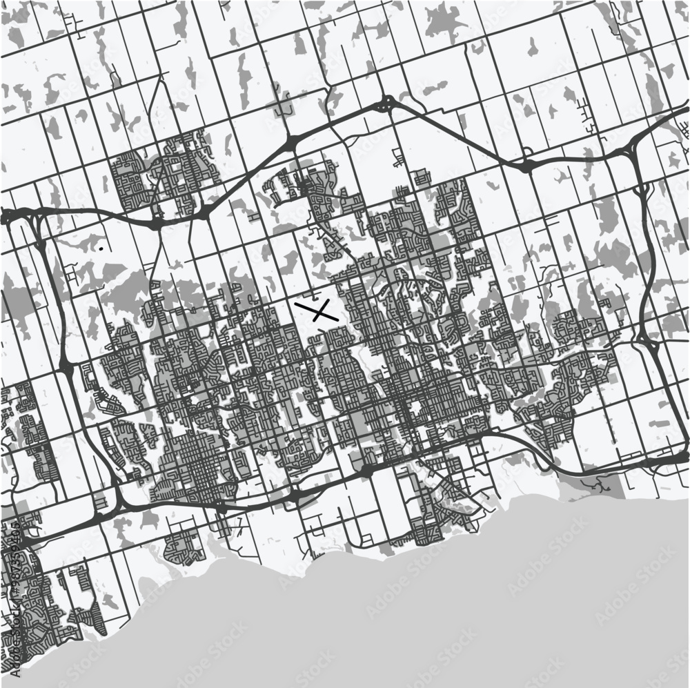 Fototapeta premium Map of Oshawa-Whitby in Canada in grayscale. Contains layered vector with roads water, parks, etc.