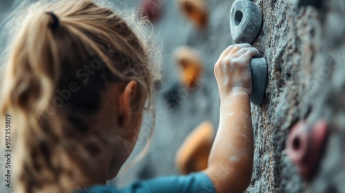 A child with blonde hair climbs a wall, gripping a rock hold firmly. This image captures determination, challenge, and the pursuit of a goal amidst a tough climb. photo