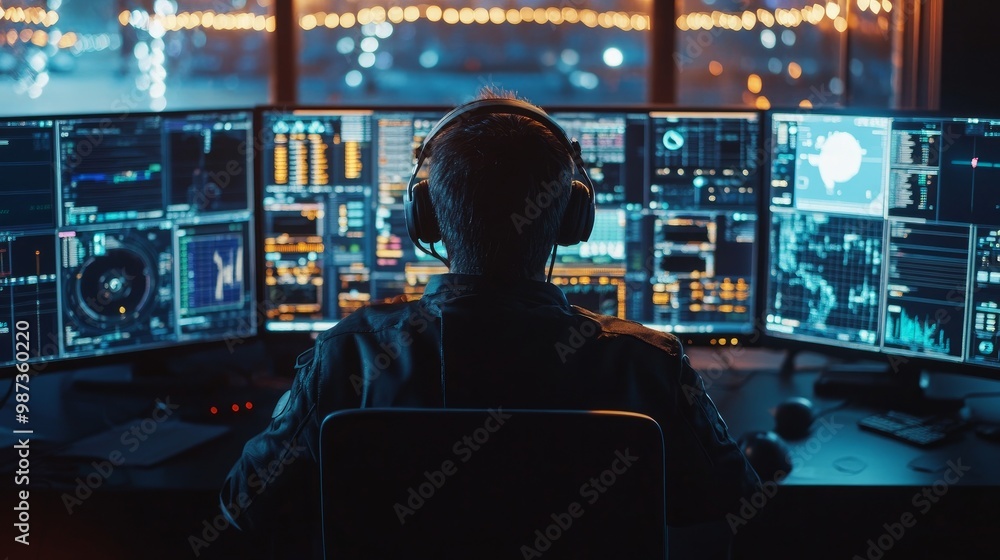 An operator in a control center wears a headset for communication and sits at a workstation stuffed with several screens, demonstrating diligence and technological sophistication. An operator in a control center wears a headset for communication and sits at a workstation stuffed with several screens, demonstrating diligence and technological sophistication.