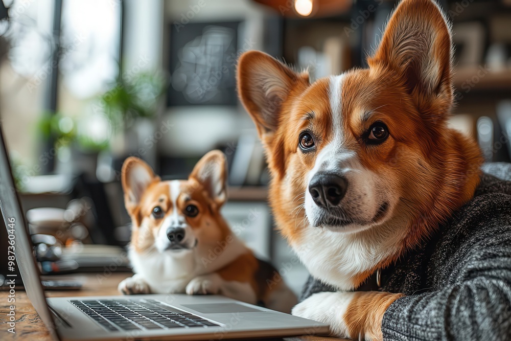 Two Corgi Dogs Working on Laptop in Cozy Office Setting Two Corgi Dogs Working on Laptop in Cozy Office Setting