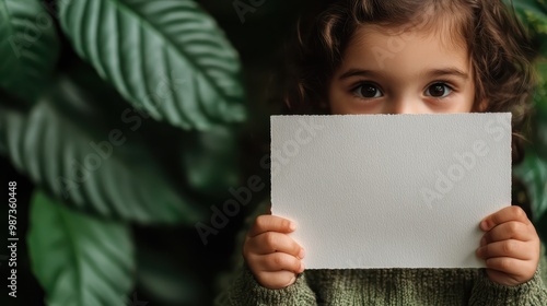 A child in a green sweater holding a blank white card while standing outside surrounded by lush, vibrant foliage, creating a tranquil and lovely atmosphere. photo