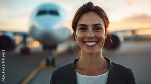 Smiling woman standing at the airport with an airplane in the background, symbolizing wanderlust and freedom, captured with expressiveness and vividness.