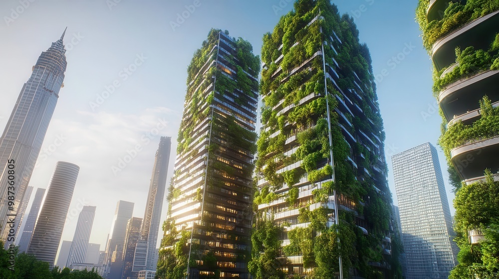 Obraz premium futuristic ecocity with towering skyscrapers covered in lush vertical gardens sustainable architecture seamlessly blends nature and urban living creating a harmonious green metropolis