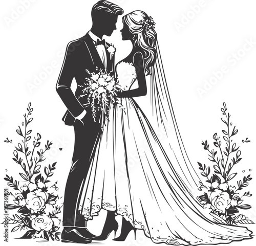 weeding husband wife, romantic couple and Kissing couple silhouette vector design.