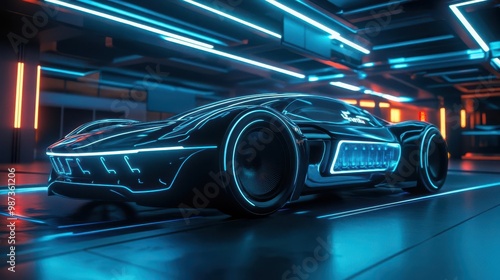 futuristic electric sports car chassis glowing with bioluminescent energy lines floating battery packs orbiting sleek frame hightech prototype showcase in glossy reflective environment