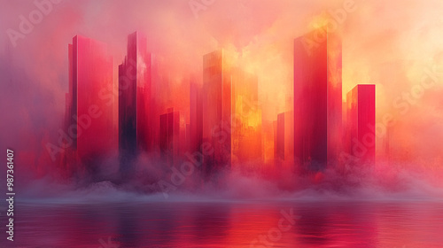 A surreal cityscape shrouded in mist, with vibrant red and orange hues reflecting off the water's surface, evoking a dreamlike atmosphere.