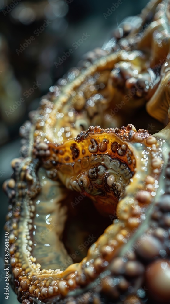 A close-up, highly detailed macro photograph depicting the intricate textures, patterns, and organic forms of an octopus tentacle, showcasing its suction cups and natural colors A close-up, highly detailed macro photograph depicting the intricate textures, patterns, and organic forms of an octopus tentacle, showcasing its suction cups and natural colors