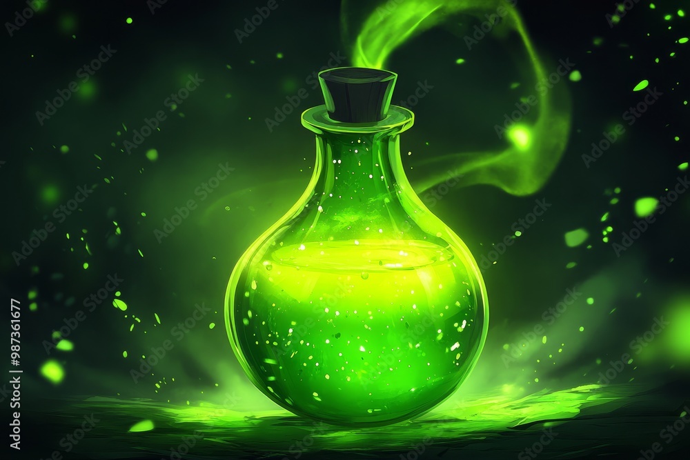 Green magic potion bottle. Illustration isolated on dark background Green magic potion bottle. Illustration isolated on dark background