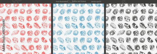 Asian food seamless pattern set with different types of sushi, sashimi and rolls with salmon fish, caviar, nori, rice, crab, prawn.