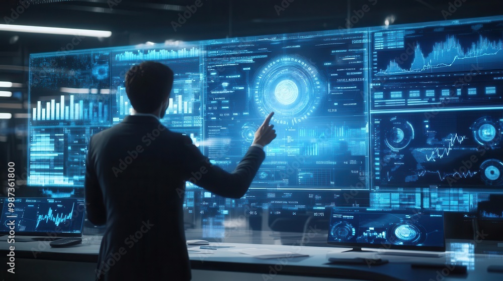 futuristic financial analysis holographic screens floating in hightech office ai assistant projecting 3d charts businessman manipulating data with gesture controls futuristic financial analysis holographic screens floating in hightech office ai assistant projecting 3d charts businessman manipulating data with gesture controls