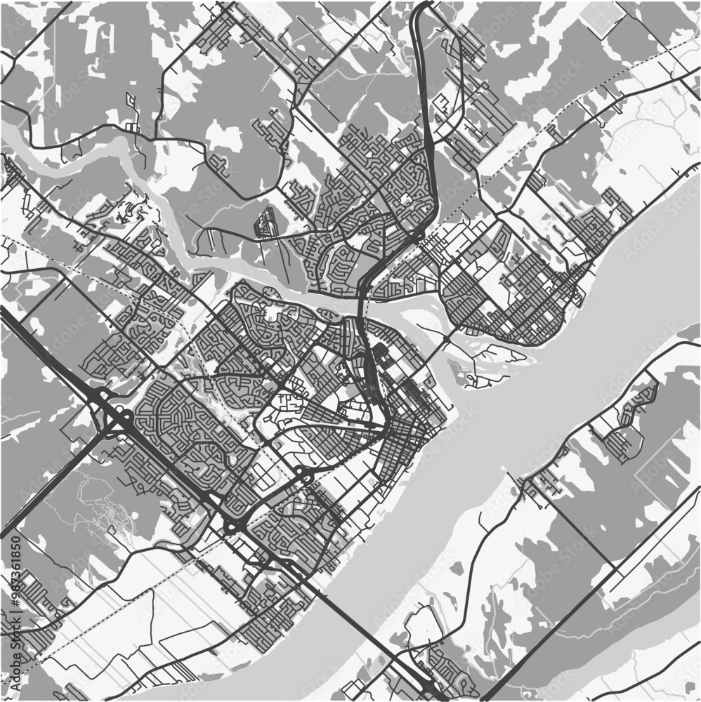 Obraz premium Map of Trois-Rivieres in Canada in grayscale. Contains layered vector with roads water, parks, etc.