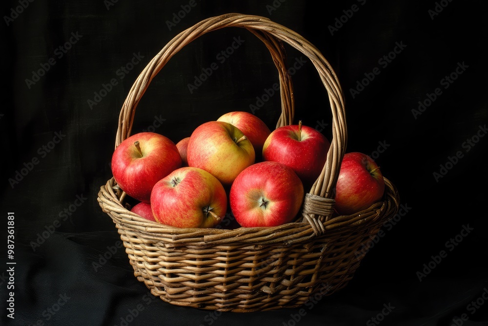 apples in basket on black backdrop , ai apples in basket on black backdrop , ai