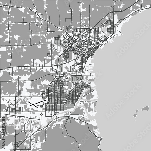 Map of Thunder Bay in Canada in grayscale. Contains layered vector with roads water, parks, etc.