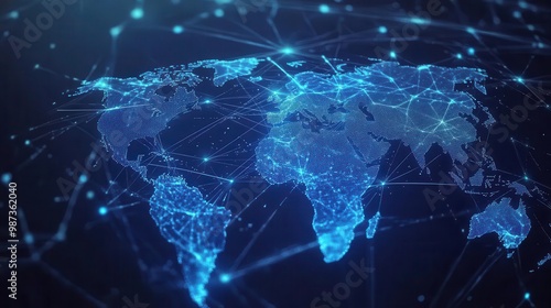 futuristic global connectivity stylized blue holographic world map with glowing connection lines symbolizing digital networks and worldwide communication in a sleek hightech aesthetic