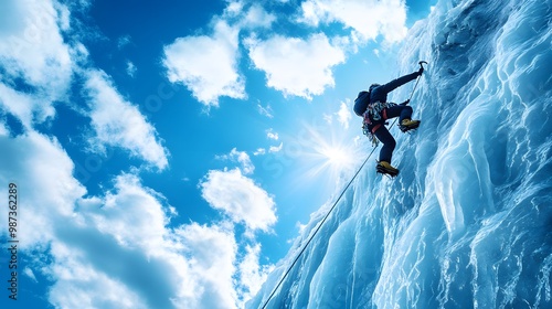 Wallpaper Mural Ice climbing, climbing on an ice wall, blue sky with white clouds Torontodigital.ca