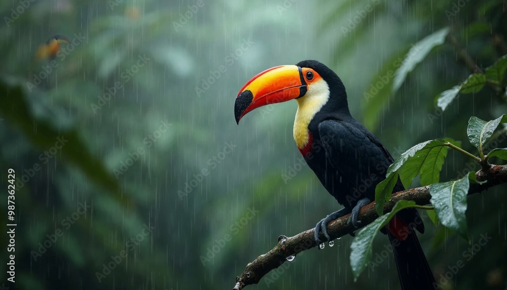 Obraz premium Toucan perched on branch in rainforest with lush green foliage and a blurred background