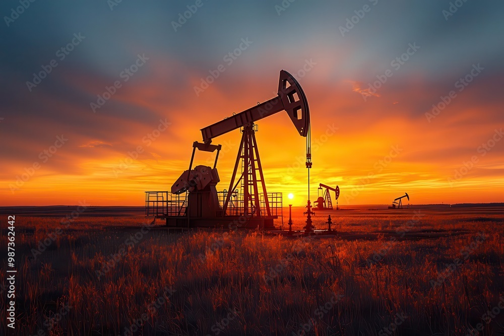 Oil Pumps Silhouetted Against Vibrant Sunset in Open Field Oil Pumps Silhouetted Against Vibrant Sunset in Open Field