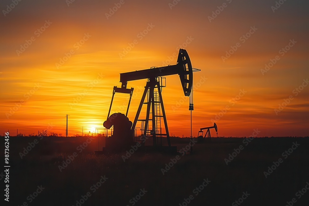 Silhouette of Oil Pumpjack at Sunset with Vibrant Orange Sky Silhouette of Oil Pumpjack at Sunset with Vibrant Orange Sky