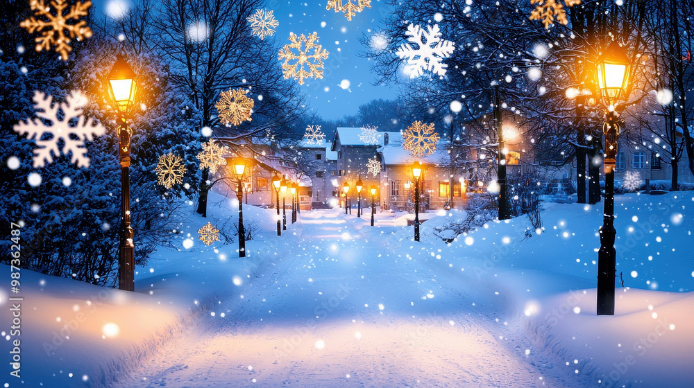 Snowy nighttime street lined with glowing lanterns, surrounded by trees, creating a serene winter atmosphere with falling snowflakes Snowy nighttime street lined with glowing lanterns, surrounded by trees, creating a serene winter atmosphere with falling snowflakes
