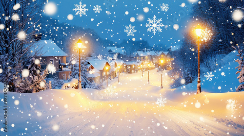 Winter night scene with snow-covered houses and glowing street lamps illuminated by falling snowflakes in a peaceful village