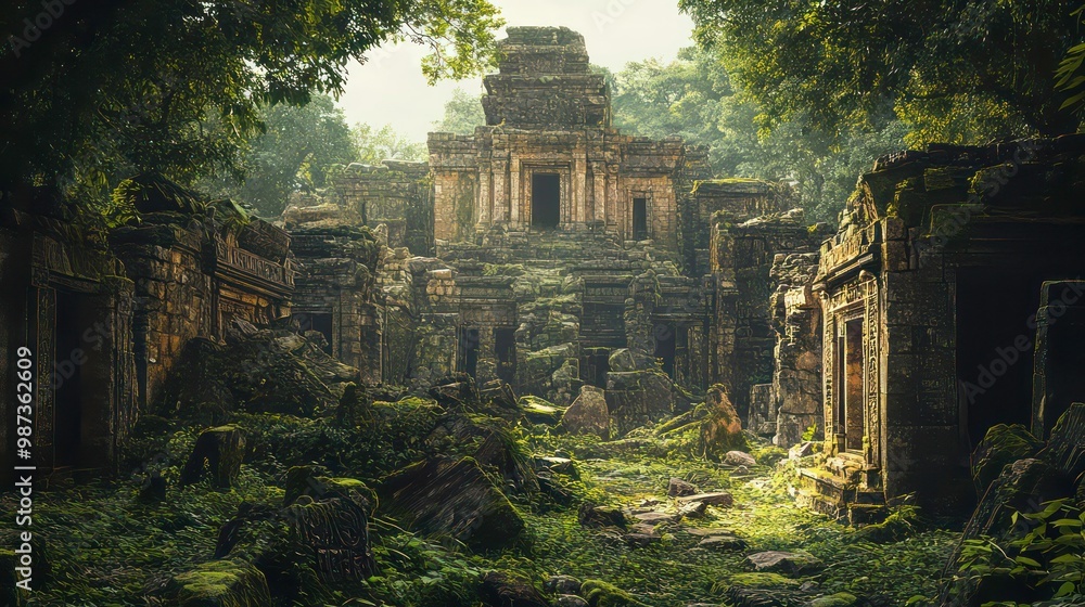 Overgrown ancient temple ruins in a jungle with lush greenery and a mystical atmosphere. Overgrown ancient temple ruins in a jungle with lush greenery and a mystical atmosphere.