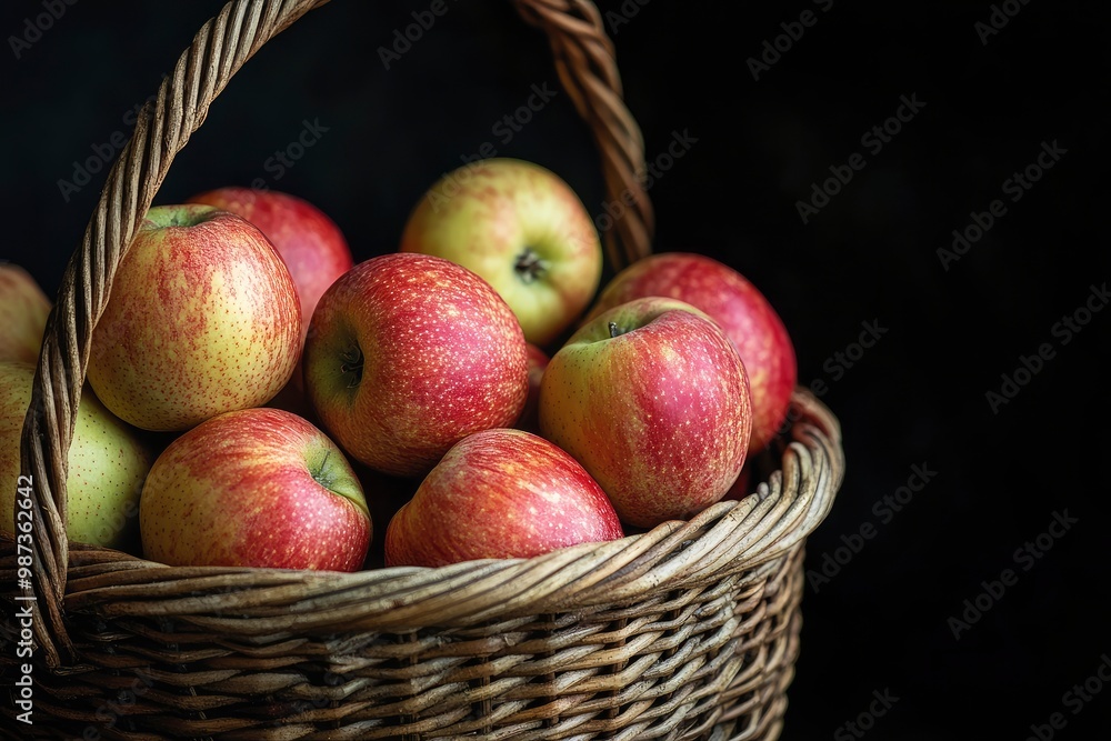 apples in basket on black backdrop , ai apples in basket on black backdrop , ai
