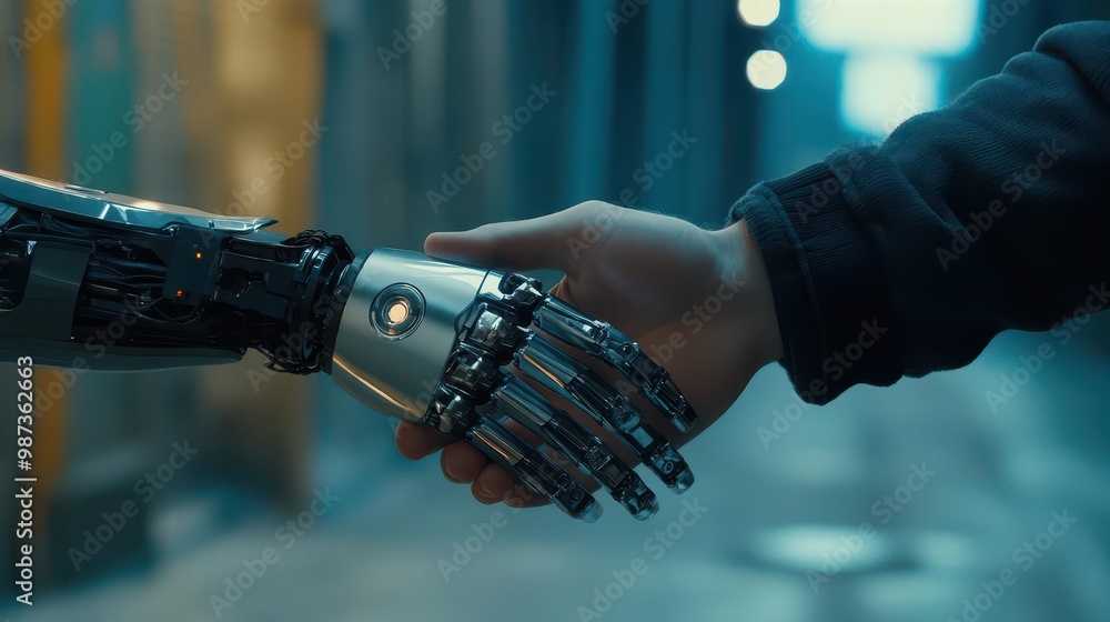 futuristic handshake between a sleek robot arm and human hand symbolic image of collaboration between artificial intelligence and humanity futuristic handshake between a sleek robot arm and human hand symbolic image of collaboration between artificial intelligence and humanity
