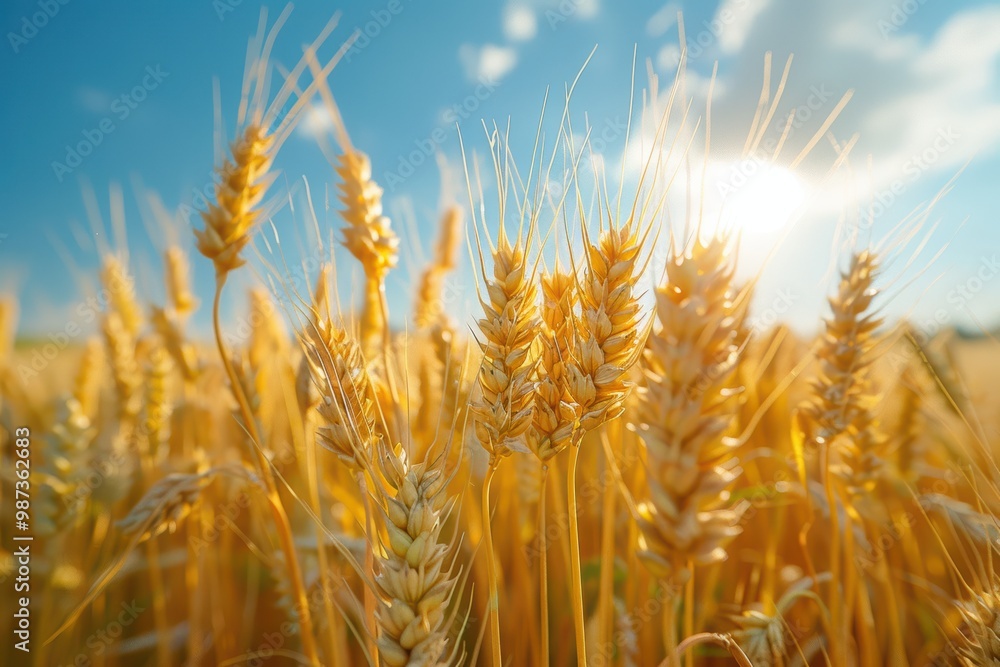 Golden wheat fields basking in the warm sunlight with a backdrop of clear blue skies, showcasing the natural beauty and abundance of a summer harvest Golden wheat fields basking in the warm sunlight with a backdrop of clear blue skies, showcasing the natural beauty and abundance of a summer harvest